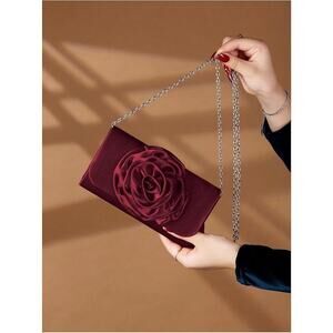 Satin Evening Bag 3D Flower Flap Wedding Clutch Bag Burgundy